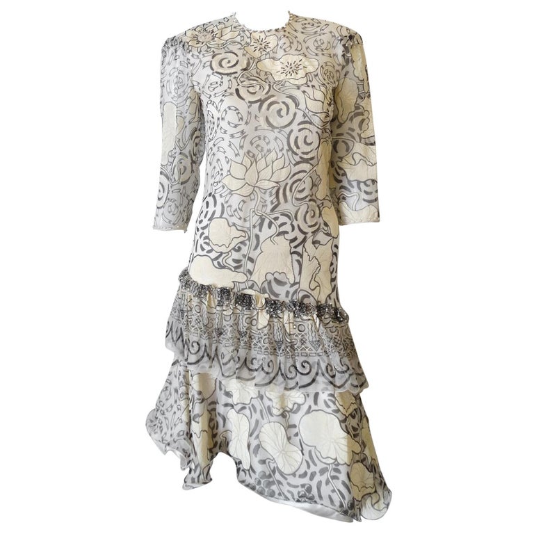 1980s Zandra Rhodes Abstract Motif Drop Waist Silk Dress For Sale