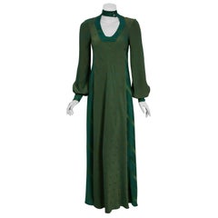 1970 Alice Pollock Green Print Rayon Cut-Out Plunge Billow Sleeve Maxi Dress