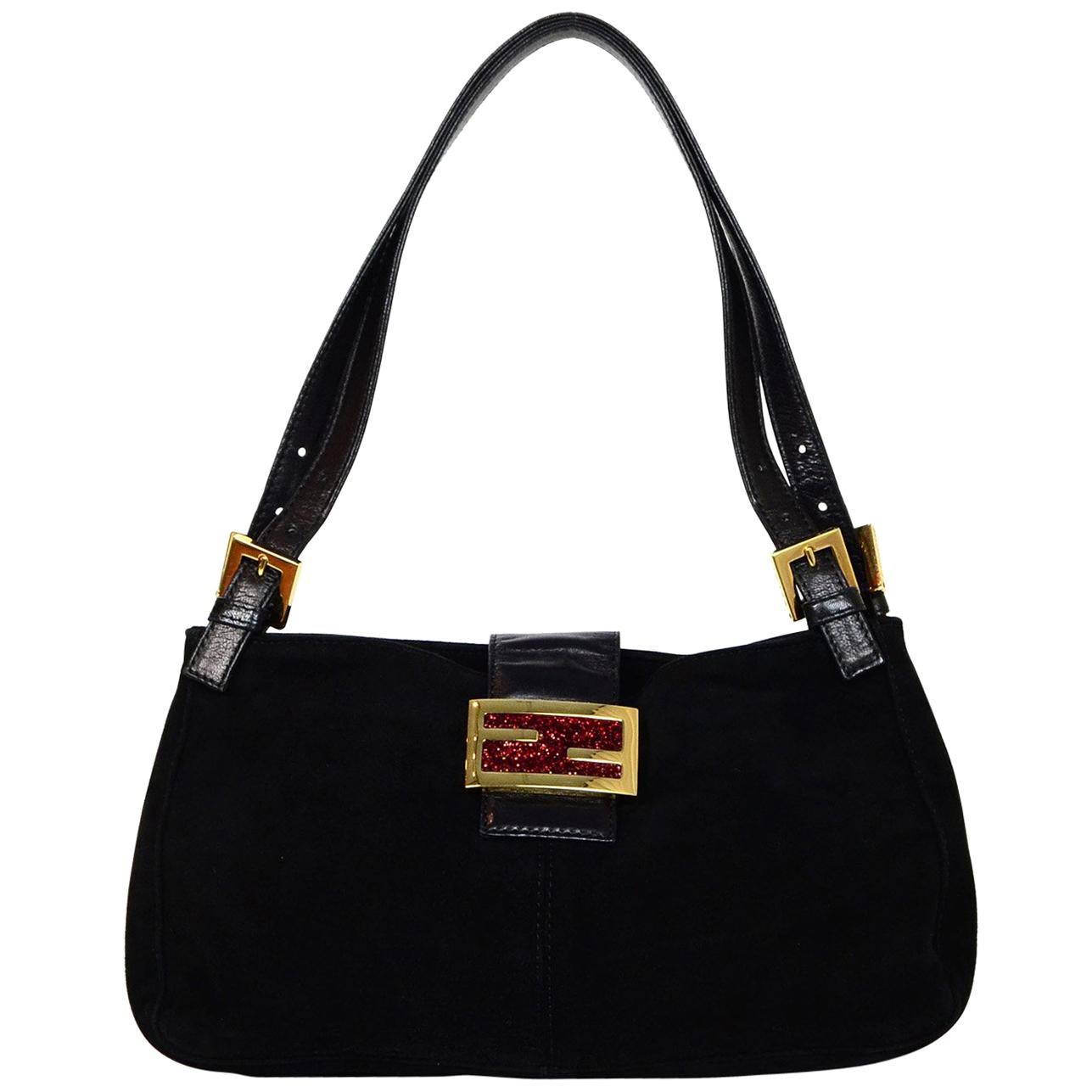 Fendi Black Suede Baguette Bag W/ Red Glitter Enamel FF Logo Buckle