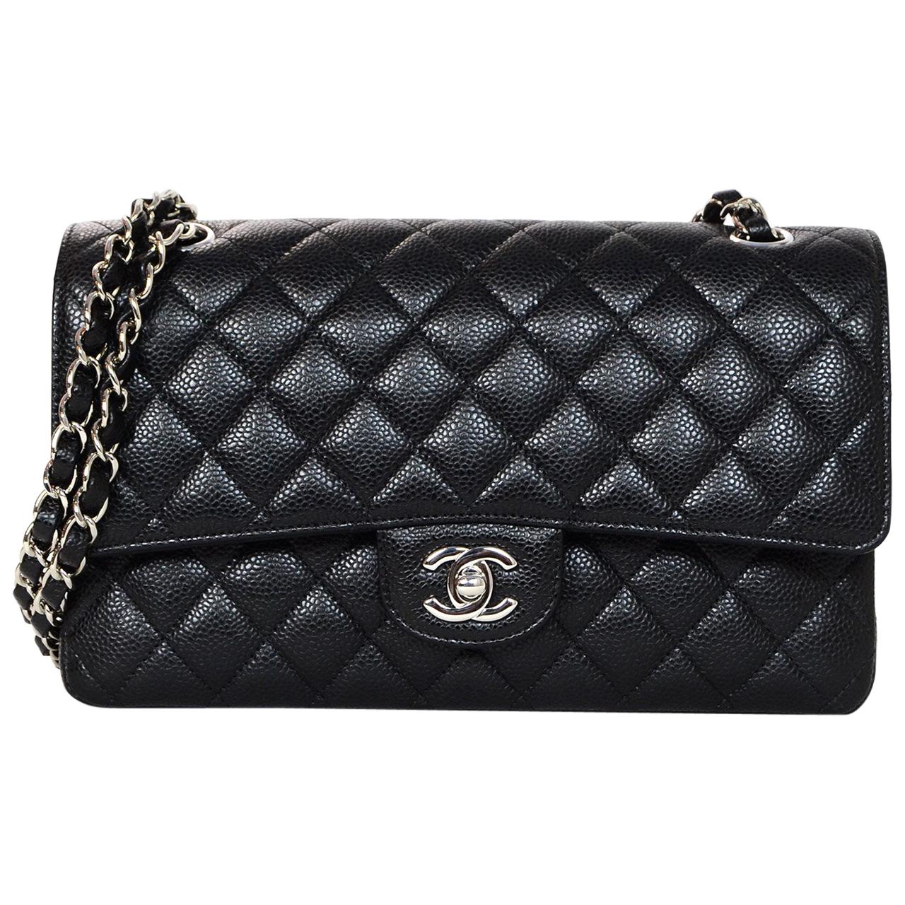 Chanel 2018 NEW Black Quilted Caviar Leather Medium 10" Double Flap Classic Bag