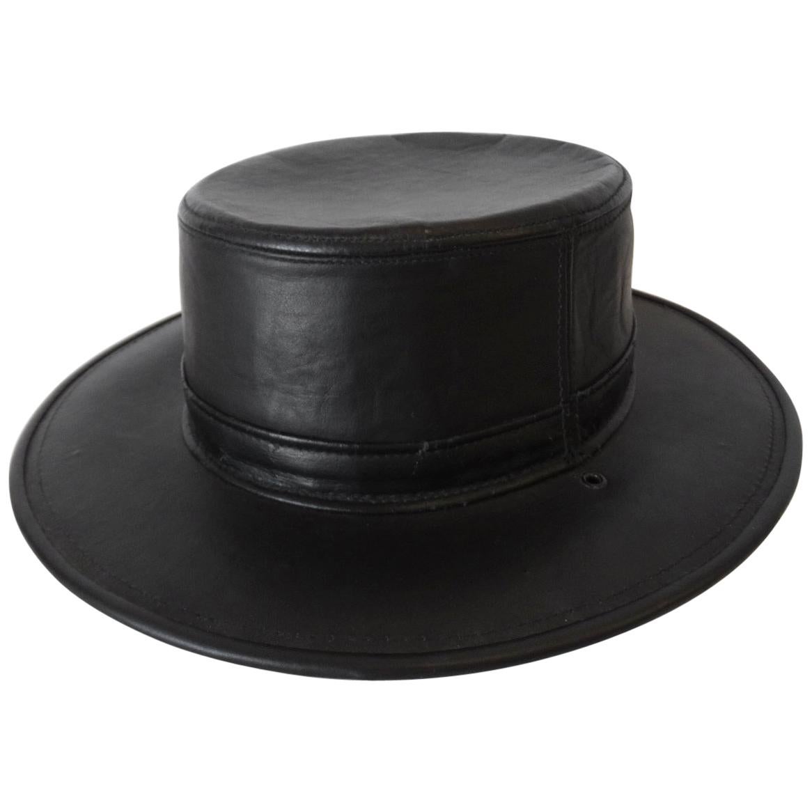 Henschel Black Genuine Leather Wide Brim Boater Hat