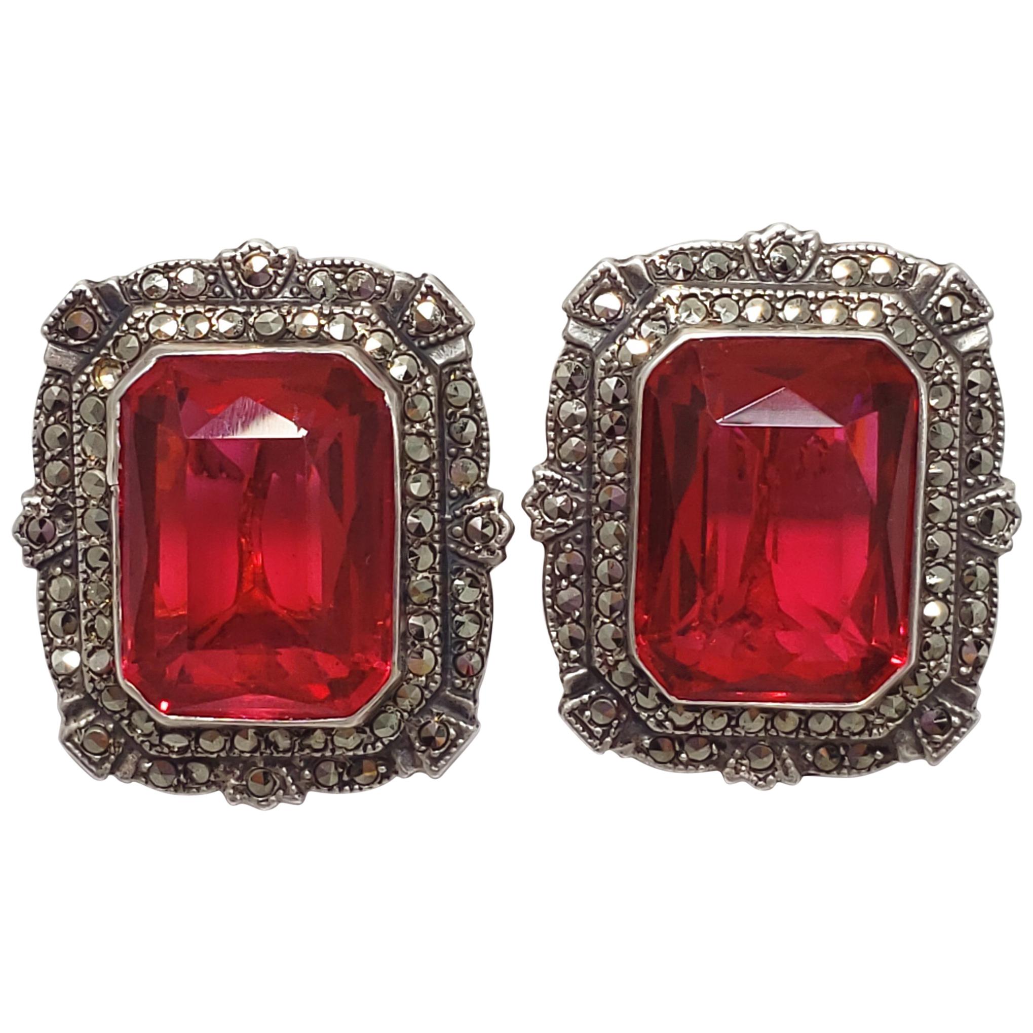 Victorian Ruby-Colored Crystal & Marcasite Clip On Earrings in Sterling Silver For Sale