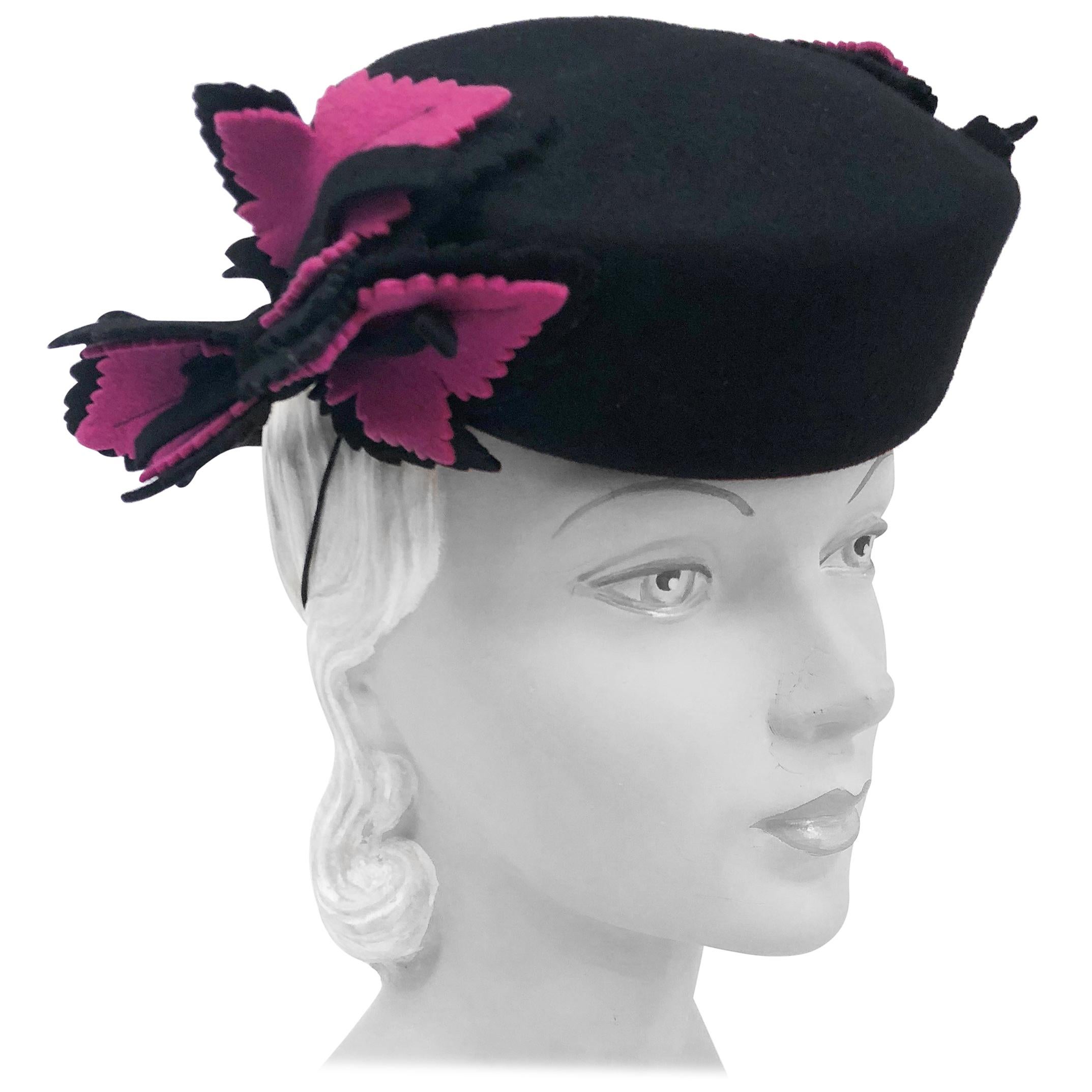 1940s Black and Magenta Wool Felt hat with Hand-cut leaves 
