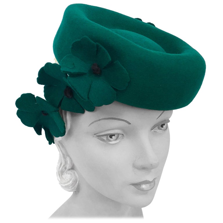 1940s Kelly Green Felt Hat with HandCut Flowers at 1stDibs