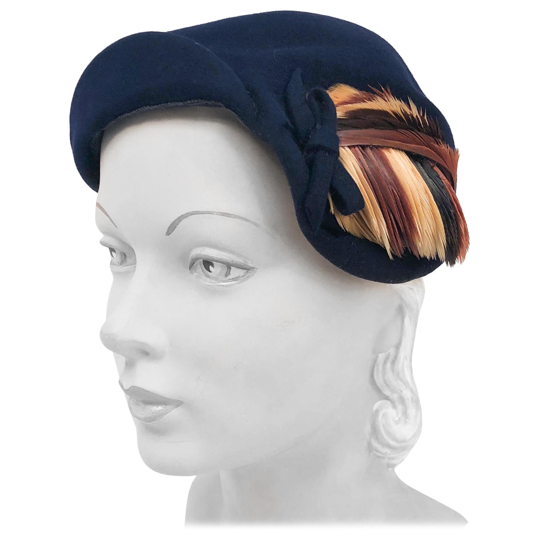 1950s Navy Felt hat with Decorative Feathers