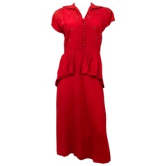 1940s Red Crepe Dress with Stud and Rhinestone Accents