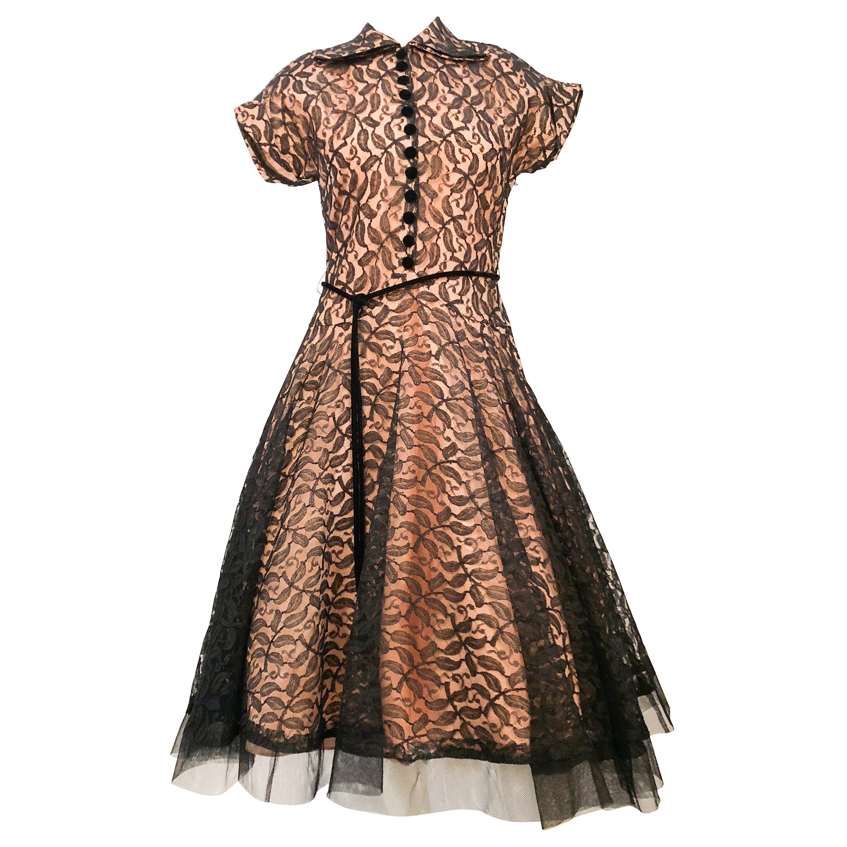 1950's Black Lace Dress with Blush-Colored lining and Velvet Accents For Sale