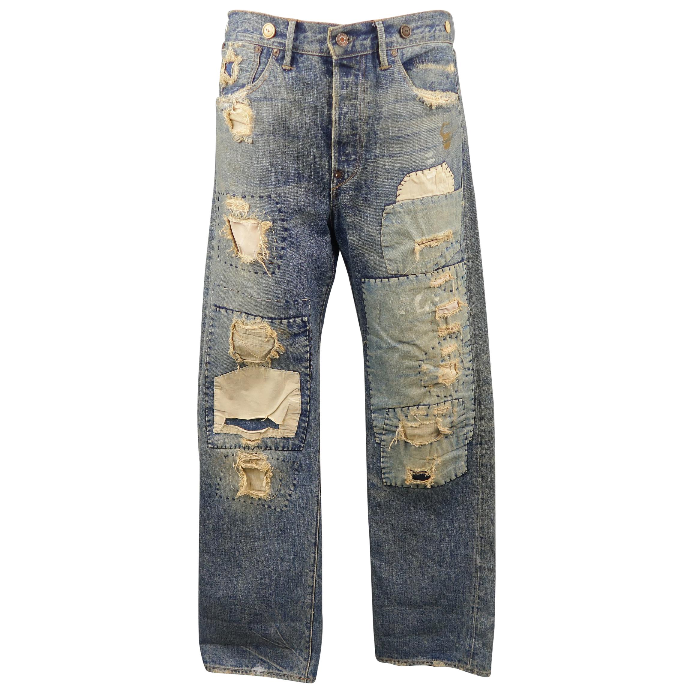 DENIM JEANS RRL by RALPH LAUREN Size 32 Indigo Distressed Selvedge Denim  Jeans at 1stDibs