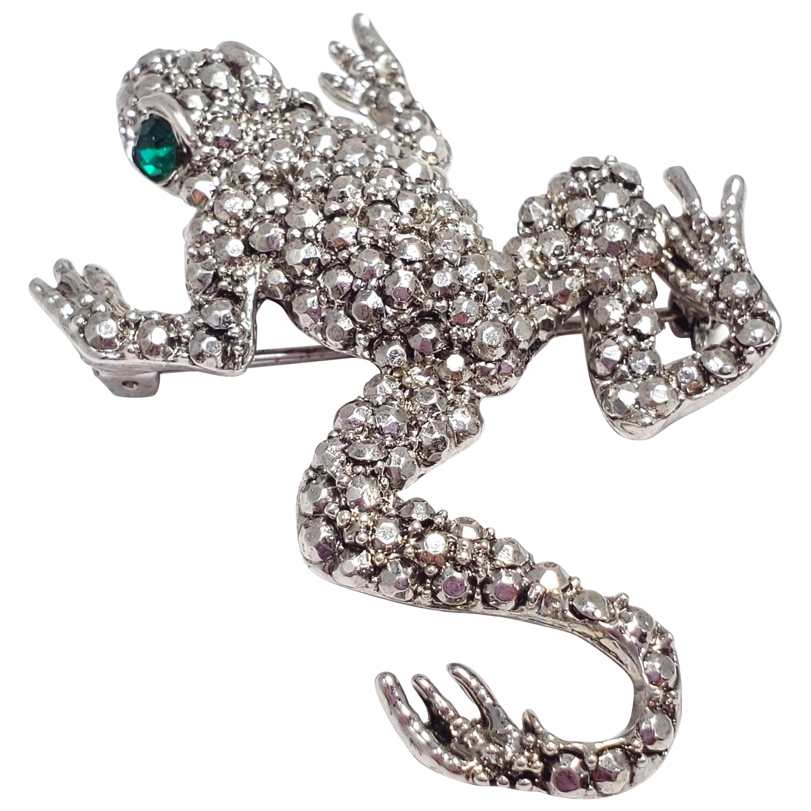 Hobe Pave Marcasite and Silver Frog Brooch Pin, 1940s