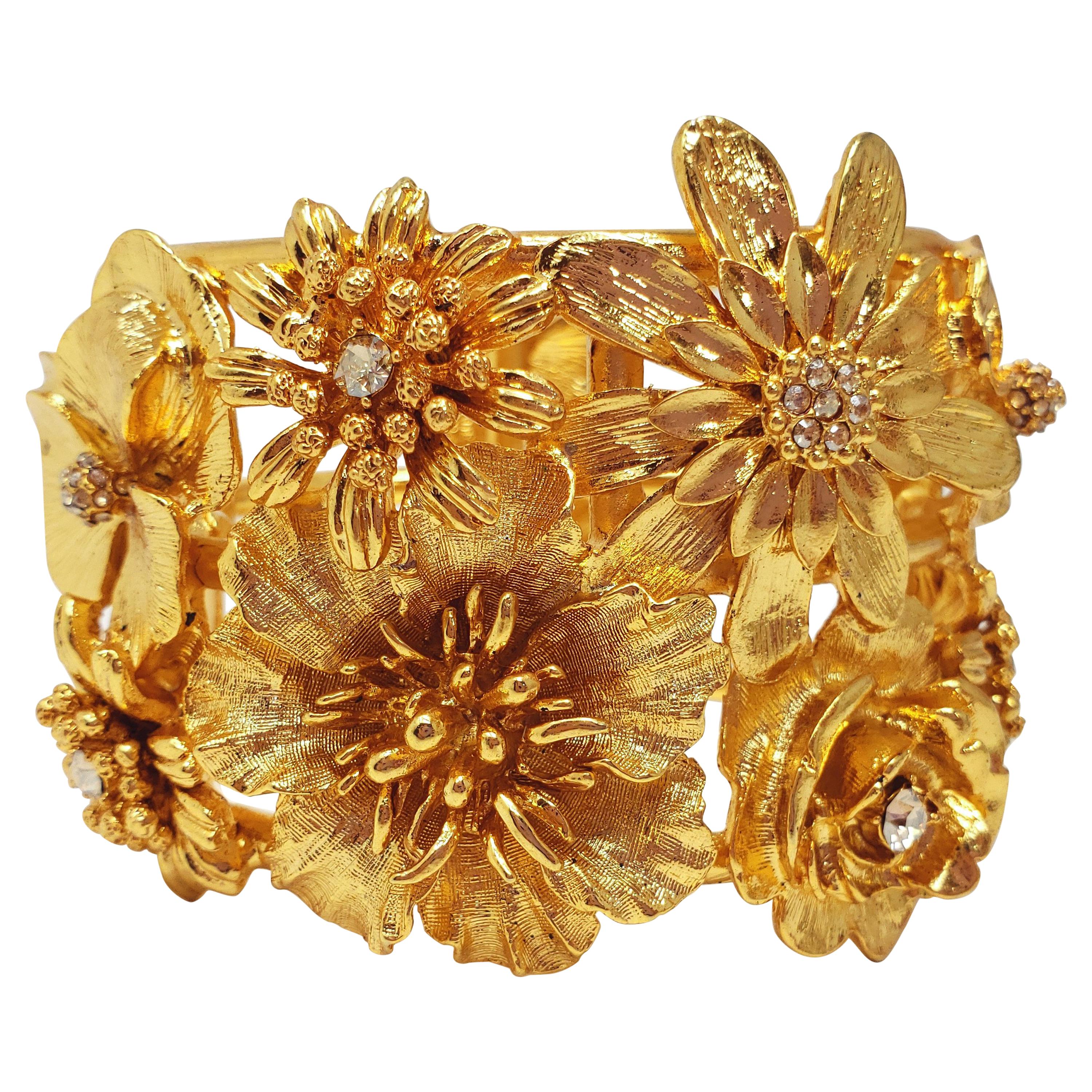 Oscar de la Renta Gold Bold Flower Statement Bracelet w Clear Crystals 2" High