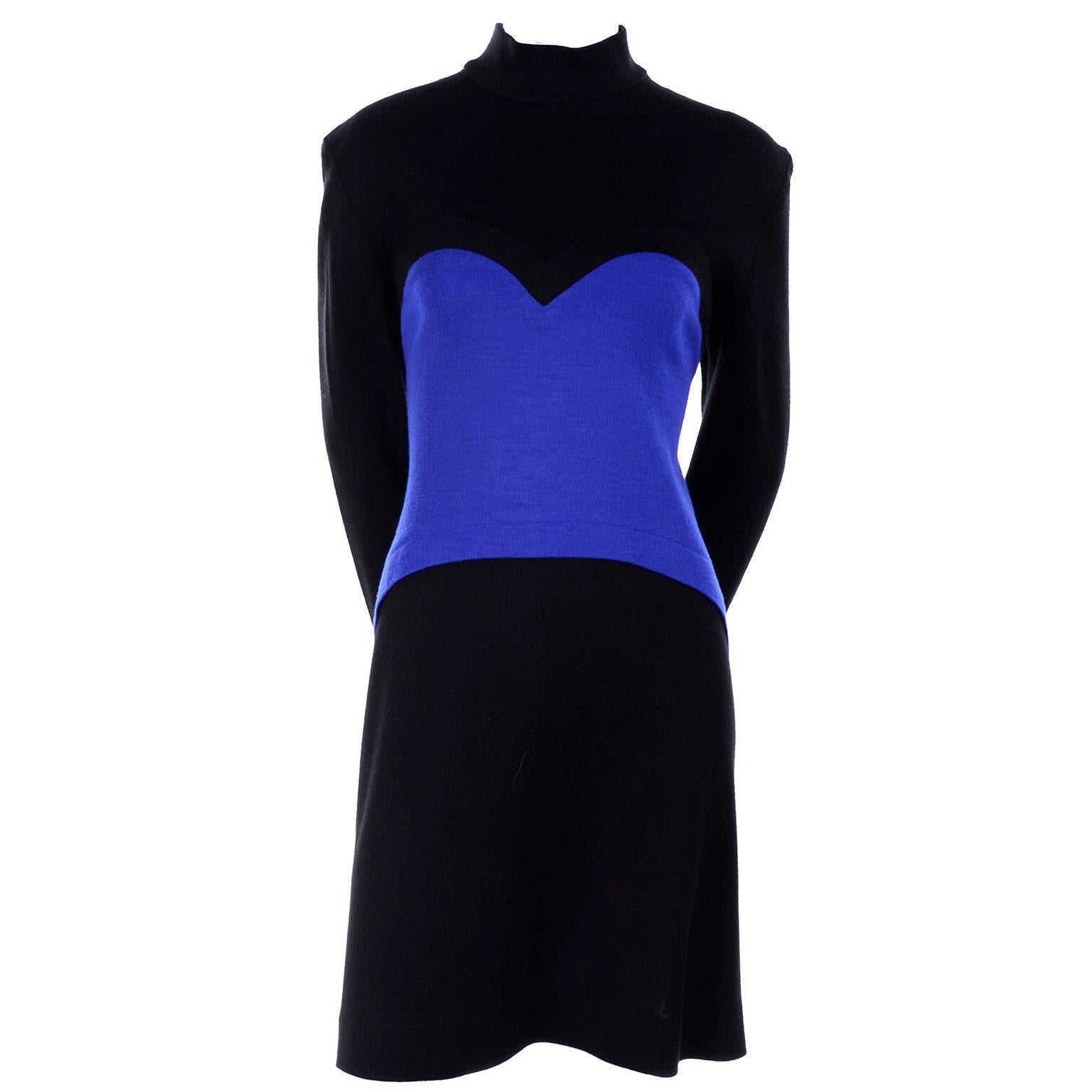 1980s Patrick Kelly Vintage Dress in Blue and Black Color Block Heart Wool Knit