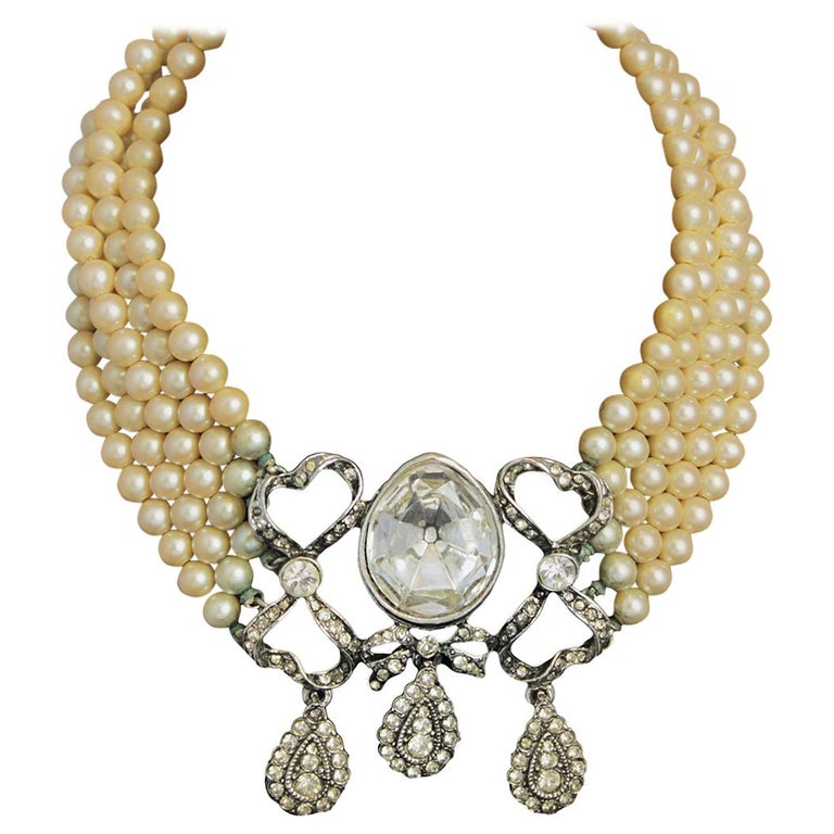 Kenneth Lane Pearl and Rhinestone Necklace For Sale