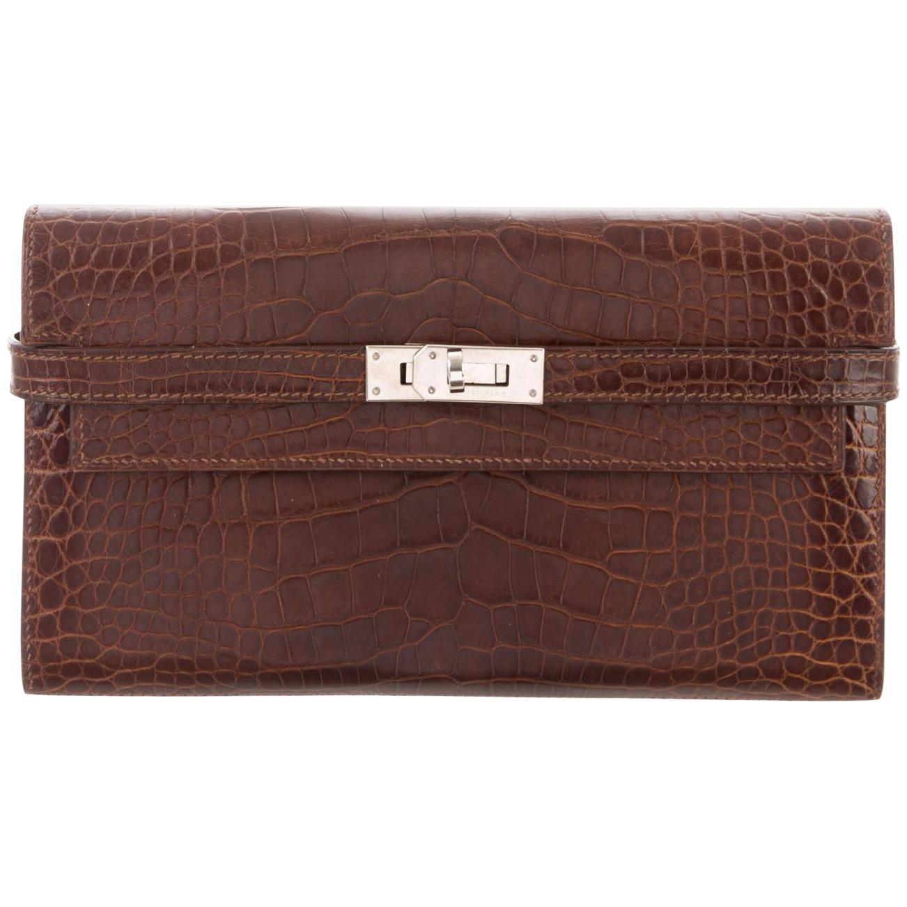 Hermes Chocolate Brown Alligator Palladium Kelly Clutch Wallet Bag in Box