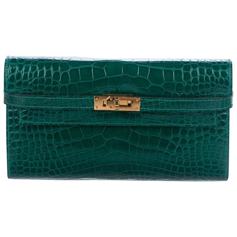 Hermes Kelly Green Alligator Gold Evening Kelly Clutch Wallet Bag in