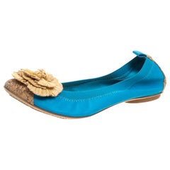 Chanel Turquoise Leather Cork Cap Toe and Raffia Camelia Ballet Flats Size 42