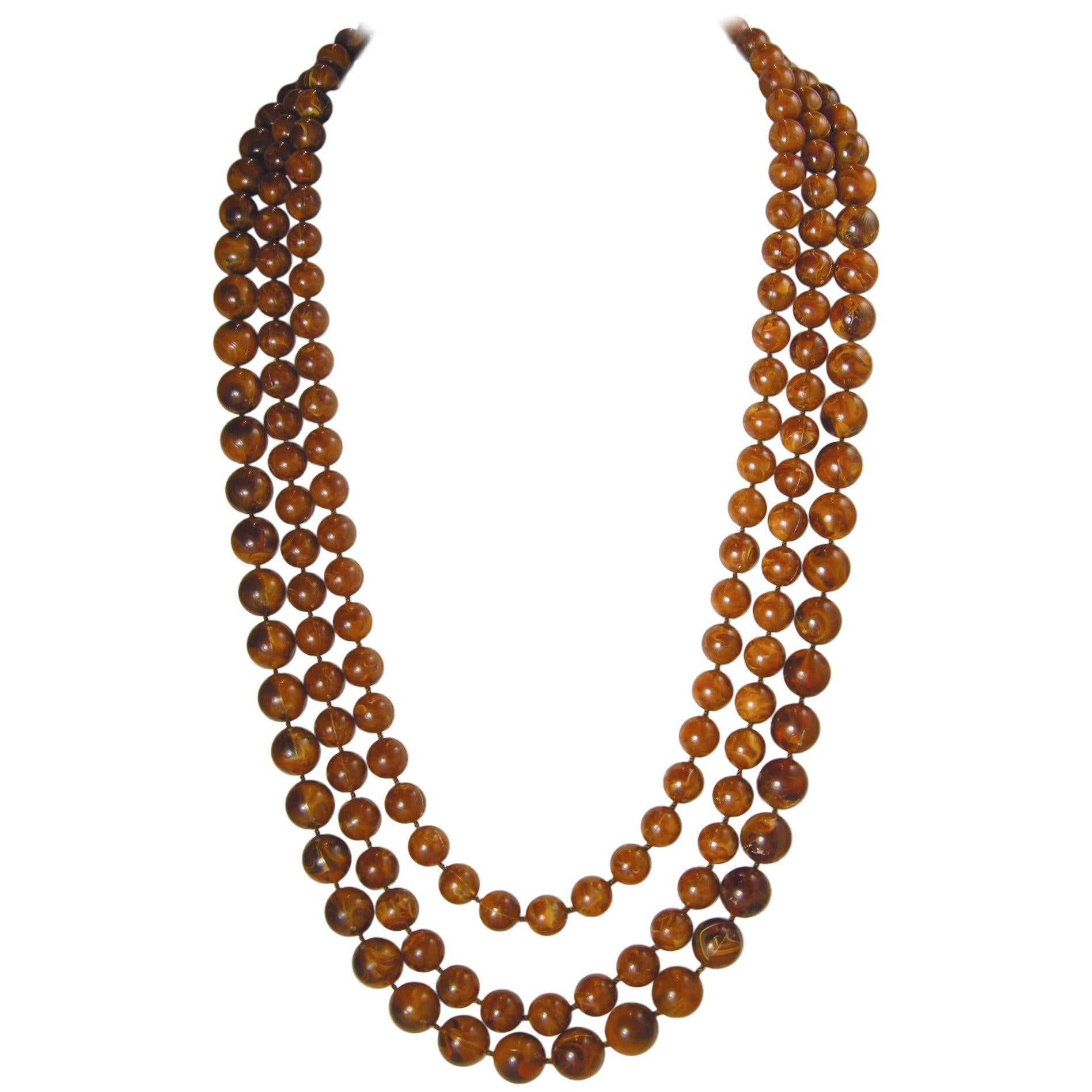 Vintage 3 Strand Brown Beaded 1960s Necklace For Sale