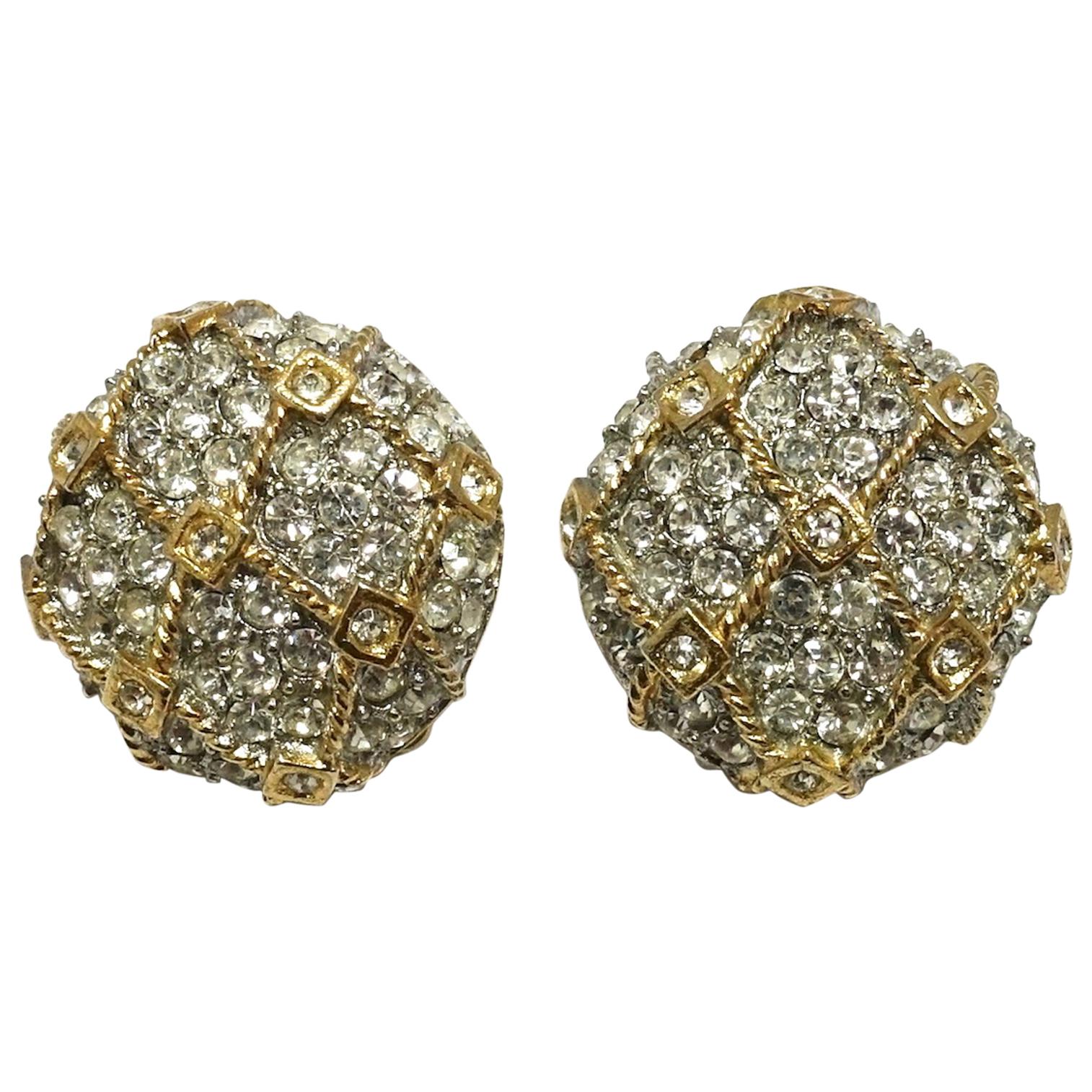 Vintage Clear Crystal Gold-Tone Clip Earrings For Sale