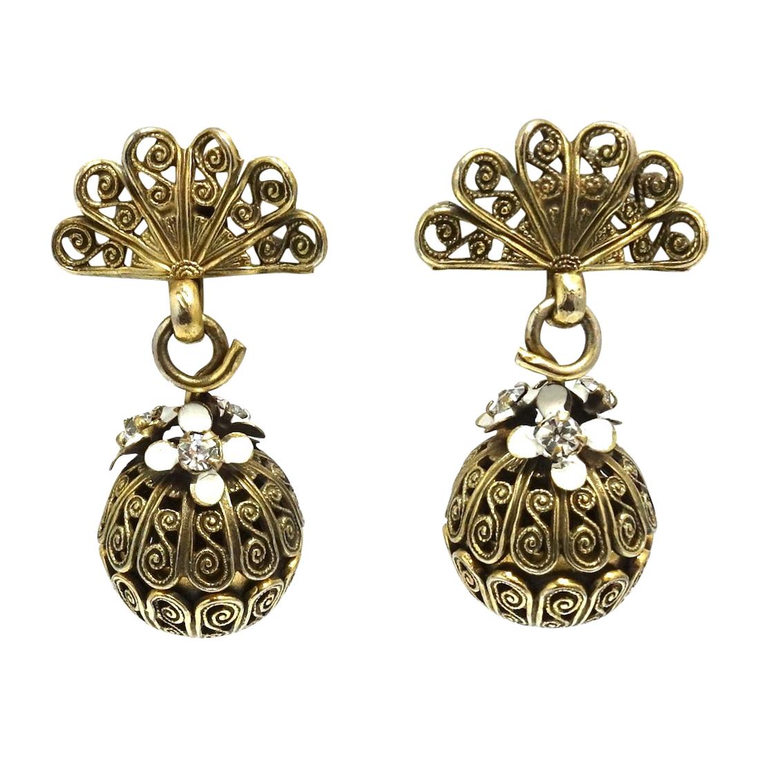 Vintage Enamel & Crystals Gold-Tone Drop Earrings