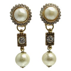 Vintage Signed DeMario Faux Pearl & Crystals Earrings