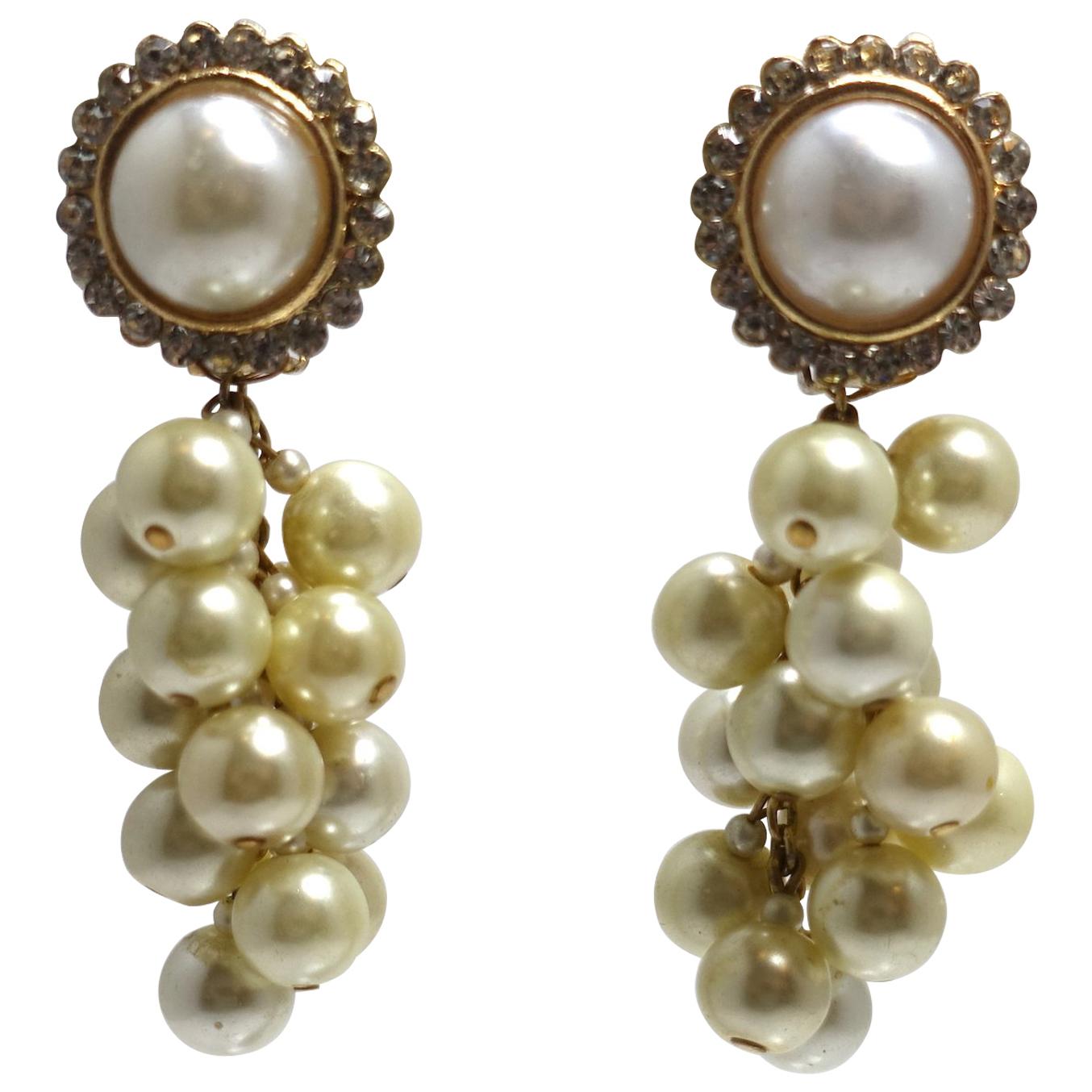 Vintage Signed DeMario Faux Pearl Drop Earrings For Sale