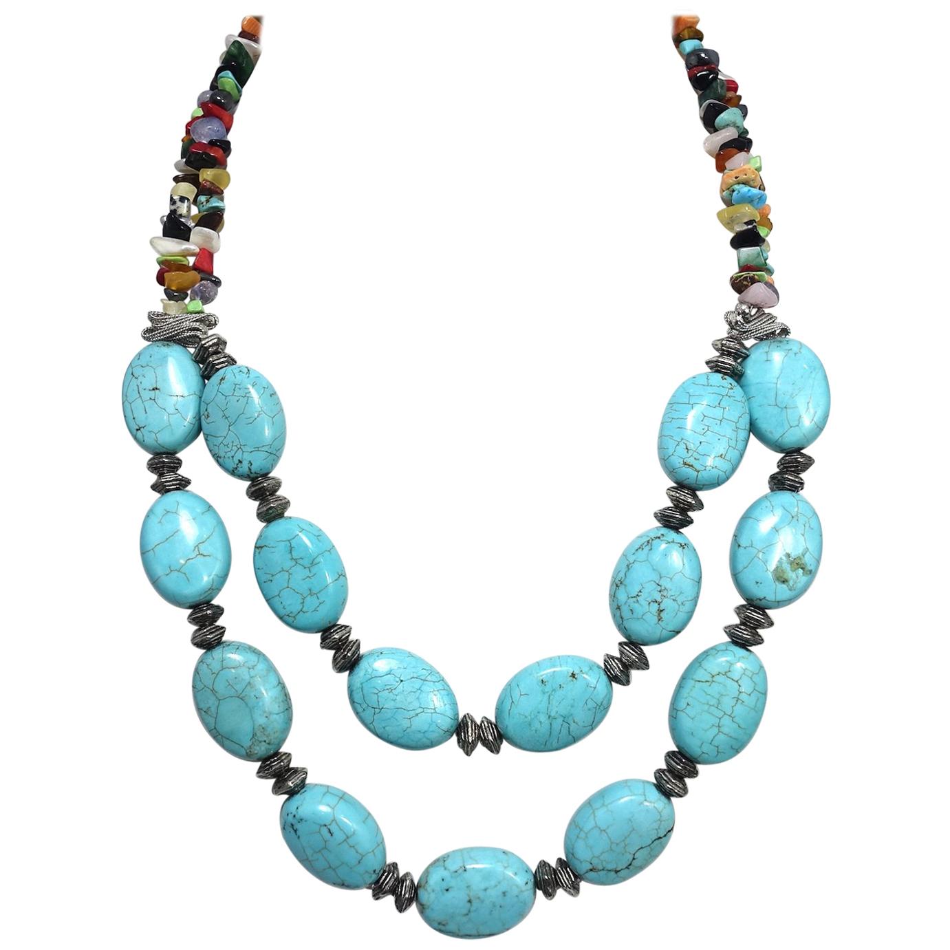 Vintage Faux Turquoise & Multi-Gem Stones Necklace For Sale