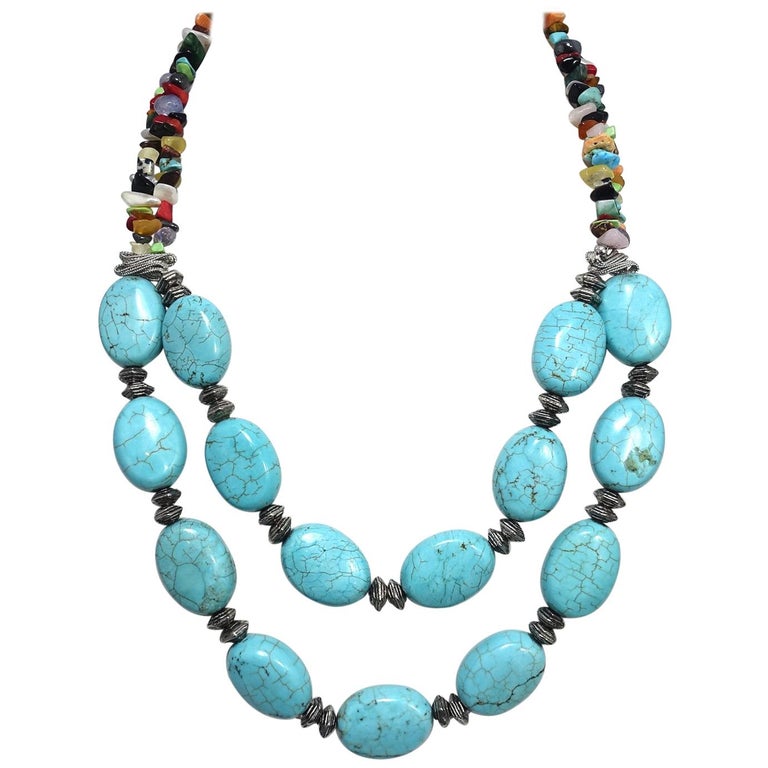 Vintage Faux Turquoise and MultiGem Stones Necklace For Sale at 1stDibs