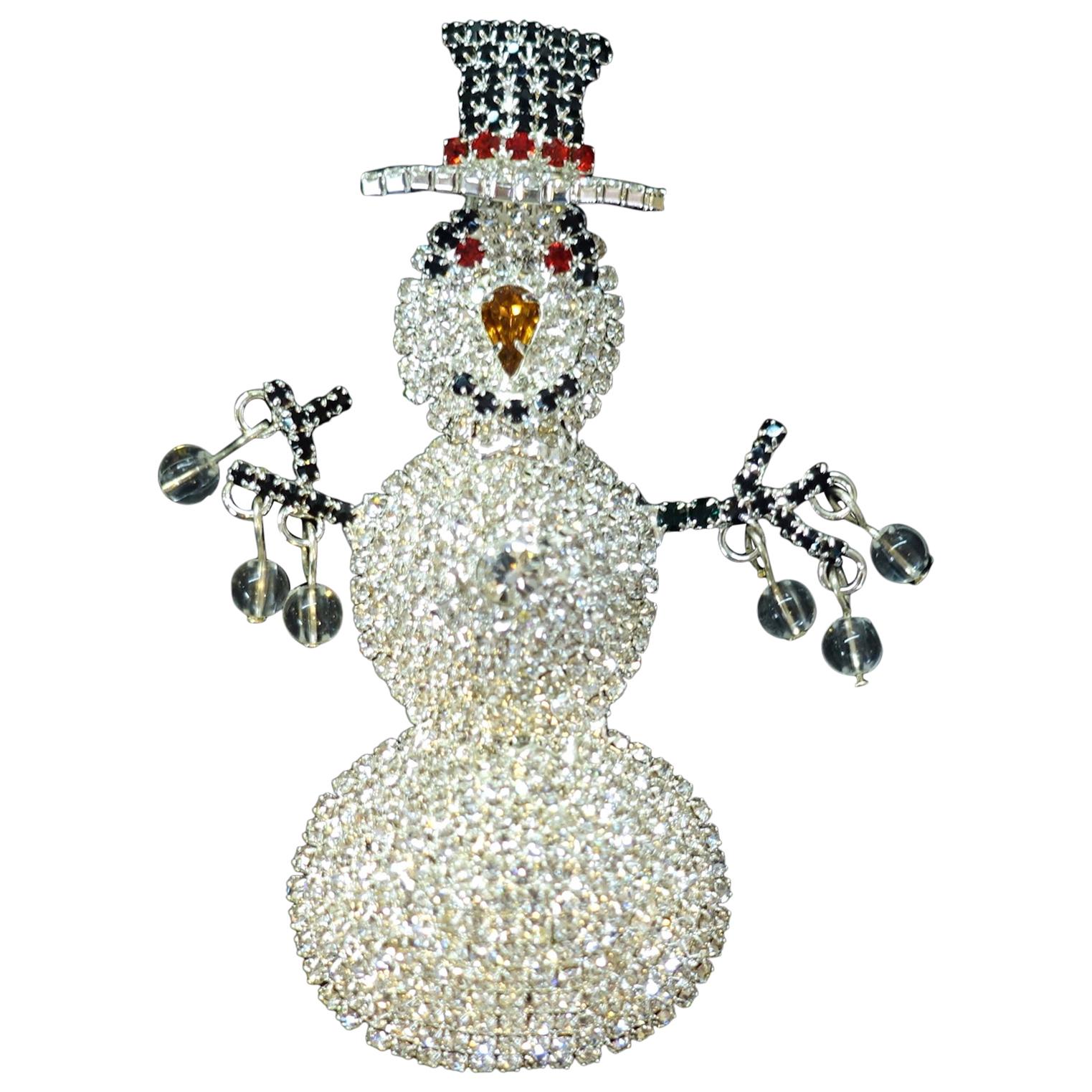 Large Red, Black & Clear Crystals Snowman Brooch