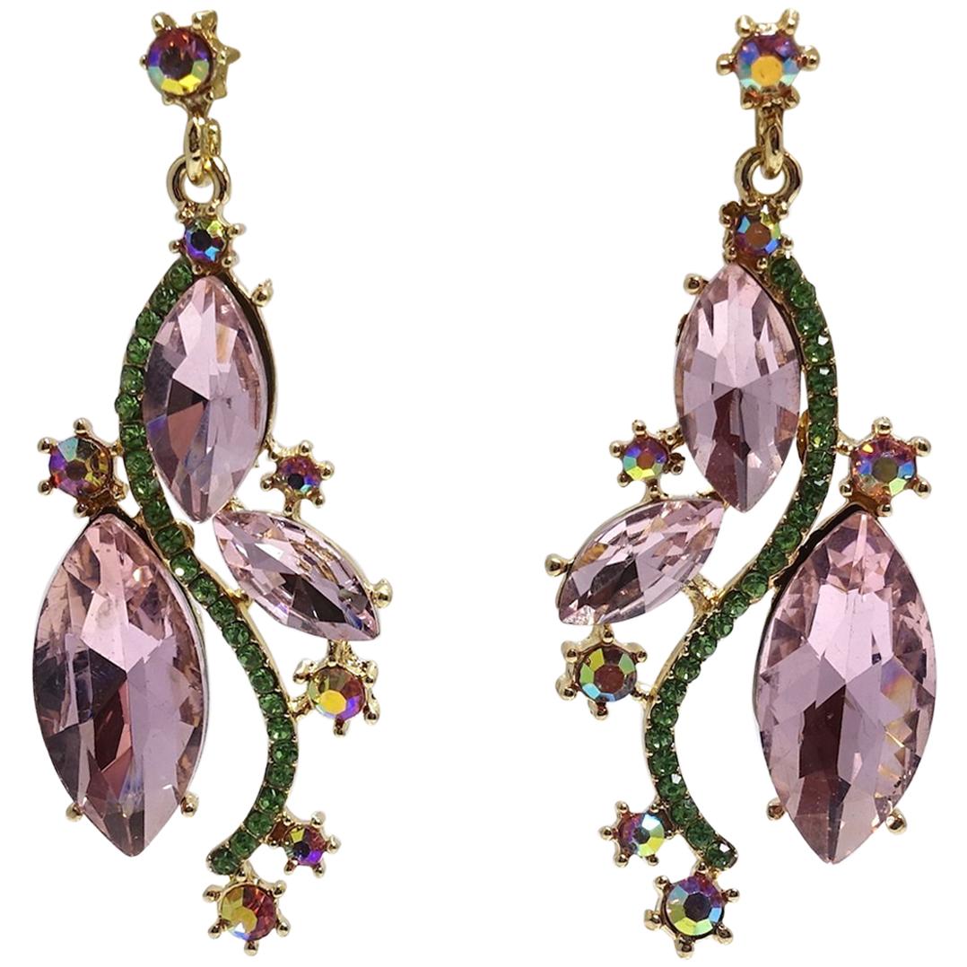 Peridot and Pink Crystals Drop Pierced Earrings