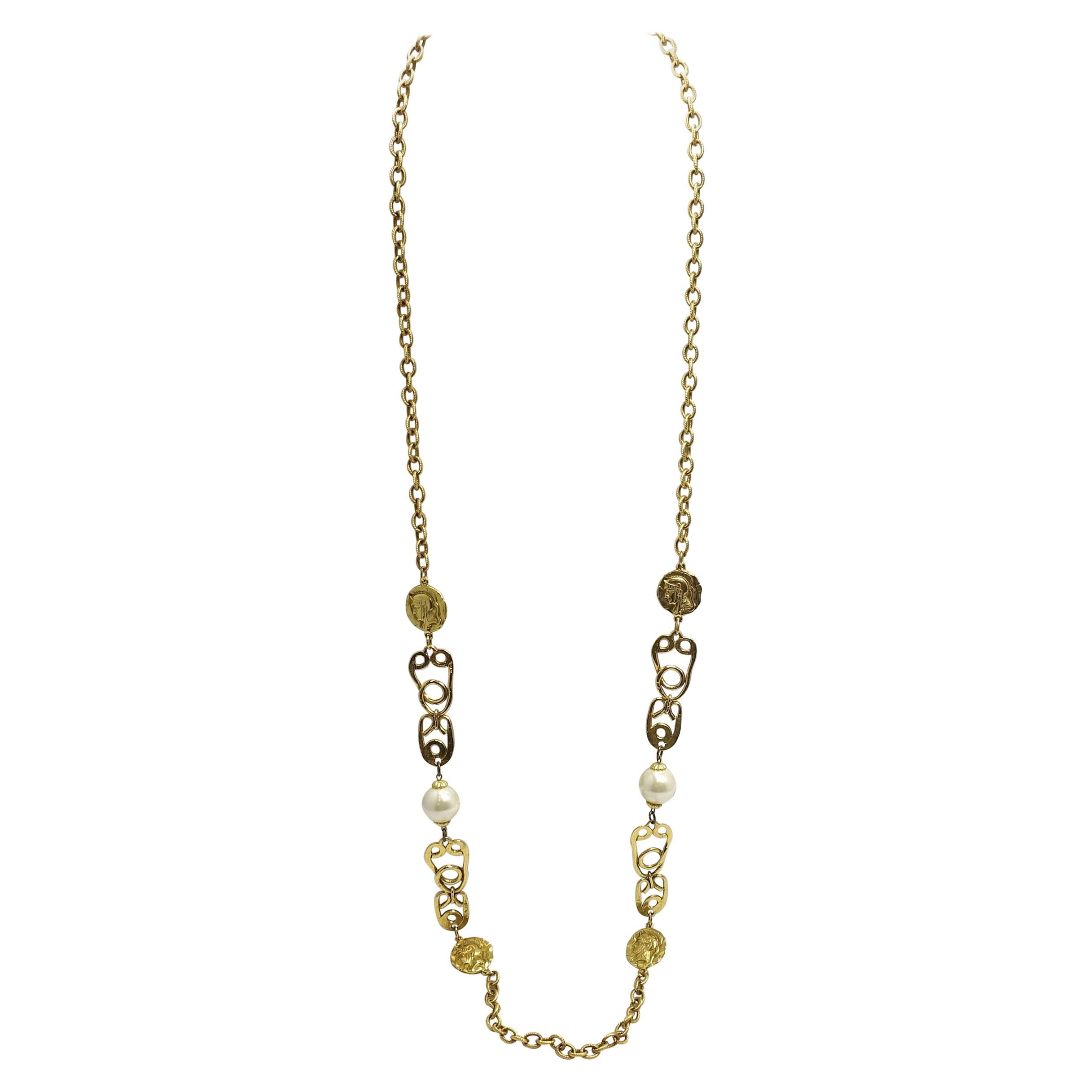 Long Faux Pearl & Gold-Tone Romanesque Design Necklace