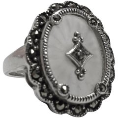 Vintage Diamond & Marcasite Camphor Glass Sterling Silver Ring, Sz 9