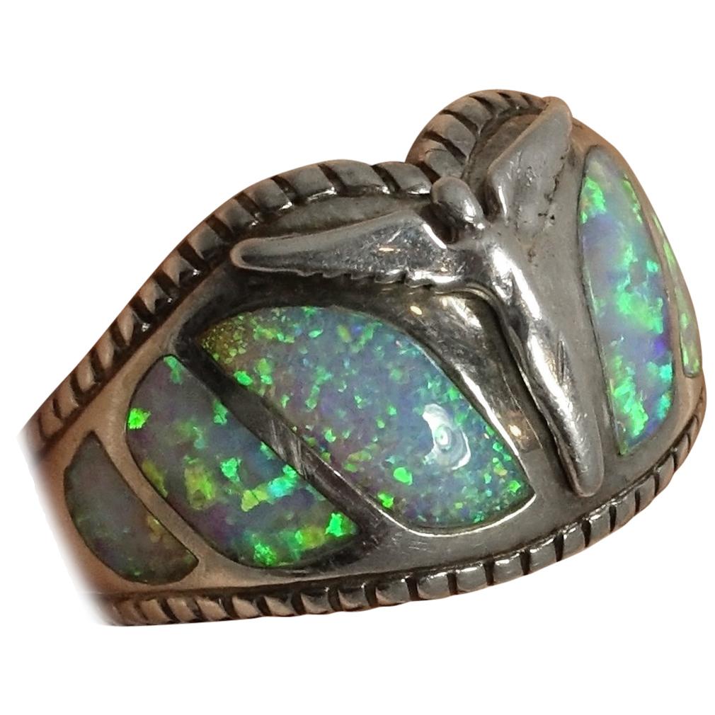 Vintage Signed Lavaggi Opal Sterling Silver Angel Wings Ring, Sz 9