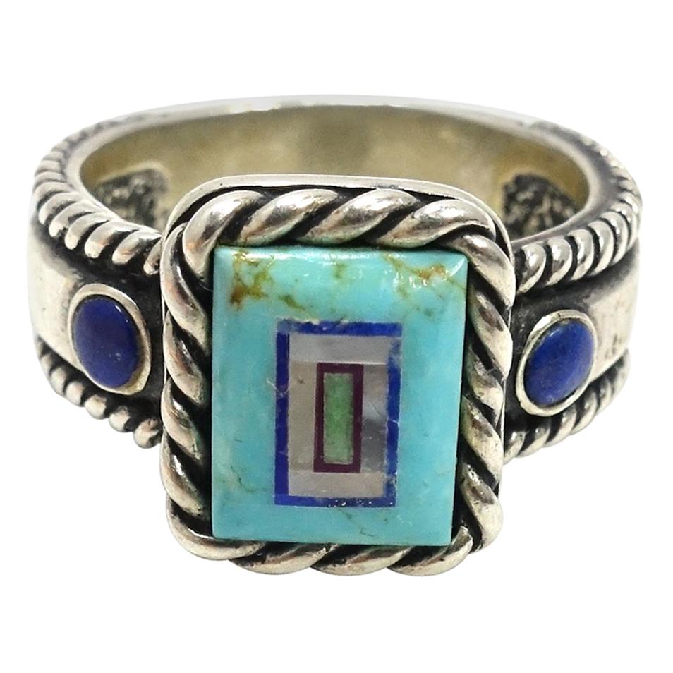 Vintage Signed CQS Turquoise, Lapis & Mother of Pearl Sterling Silver Ring, Sz 9 For Sale