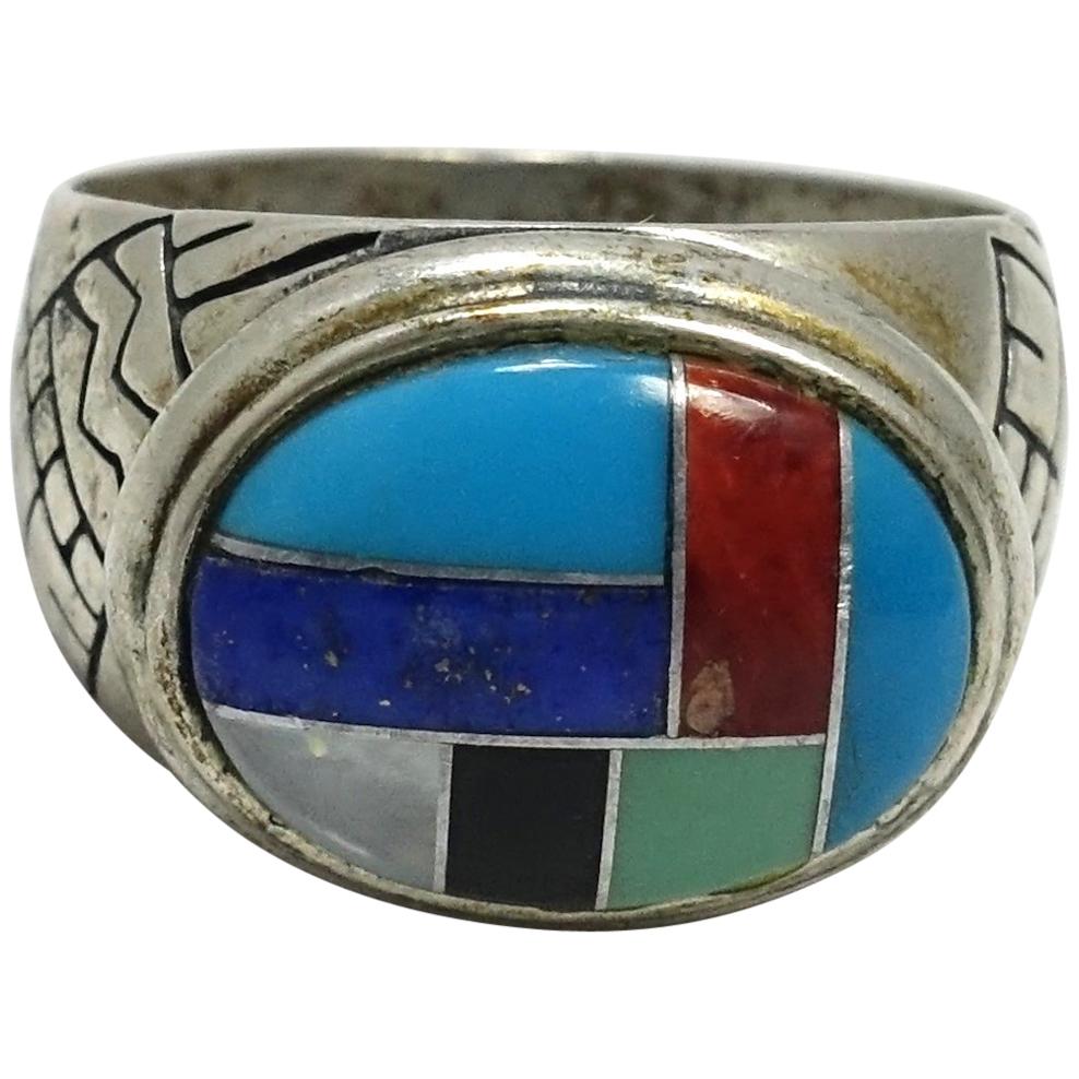 Vintage Turquoise, Coral, Lapis, Onyx, Mother of Pearl Sterling Silver Ring, Sz 10