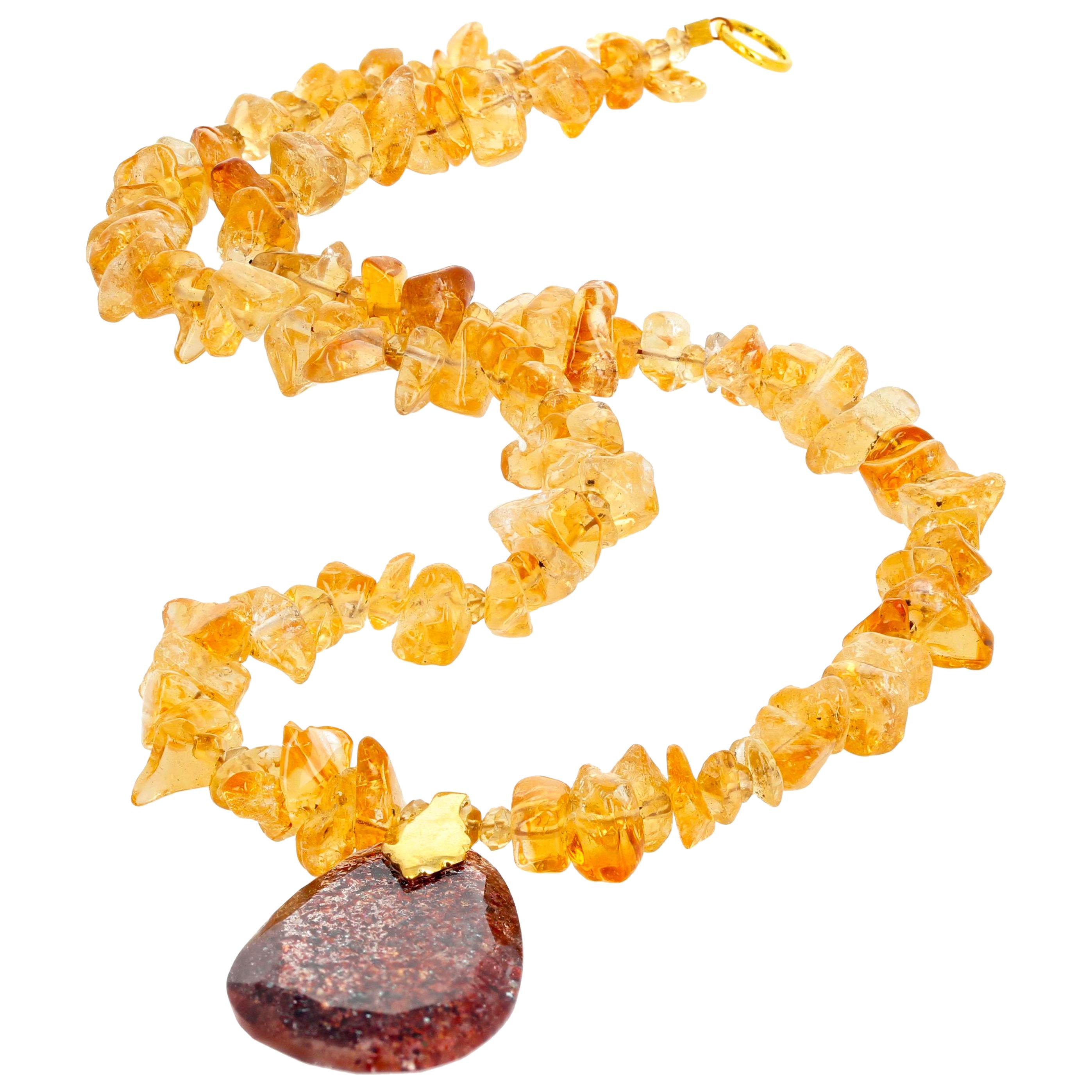 AJD Natural Strawberry Titanium Gemstone & Citrine Chips Glittering 19" Necklace
