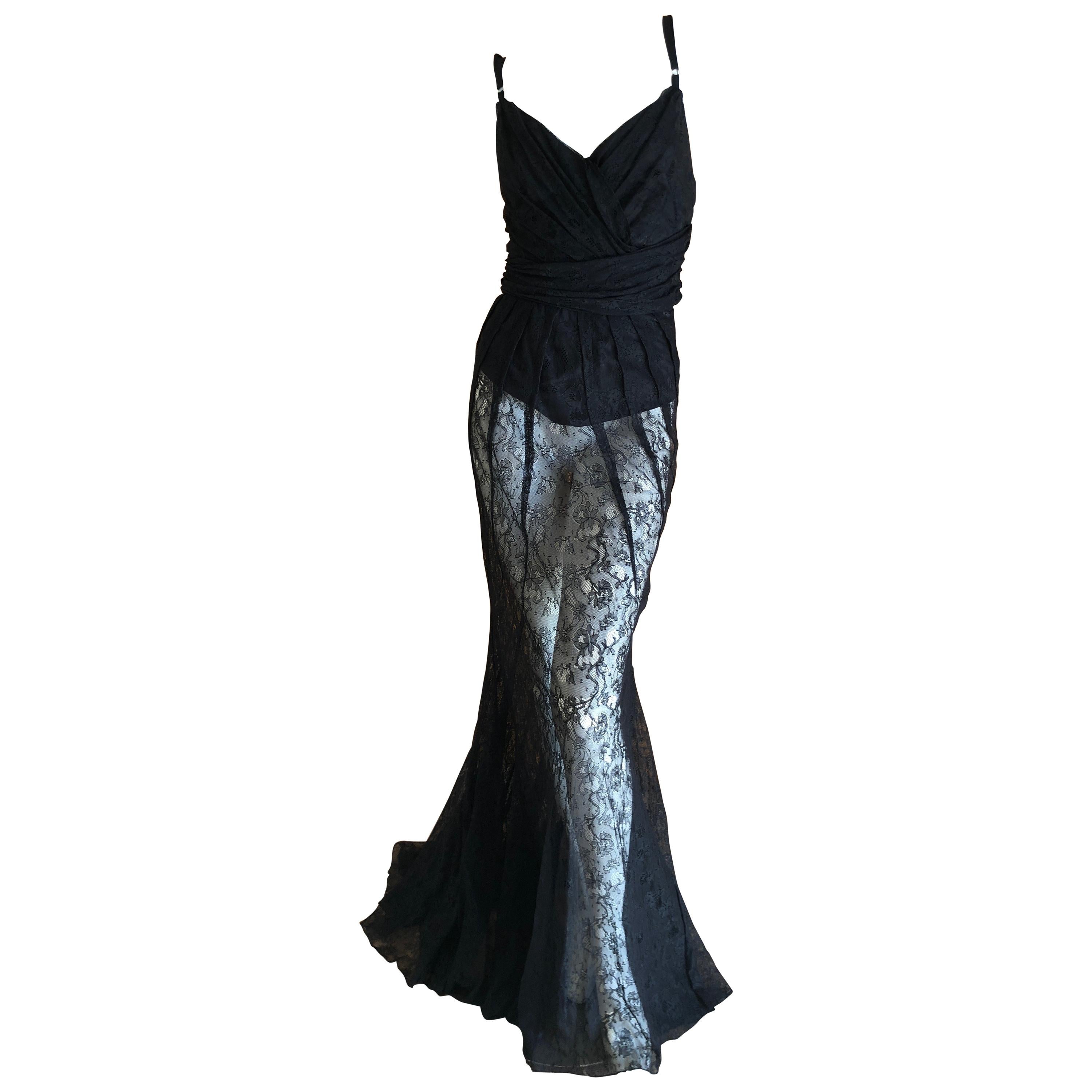 D&G Dolce & Gabbana Sheer Black Lace Vintage Evening Dress with Train For Sale
