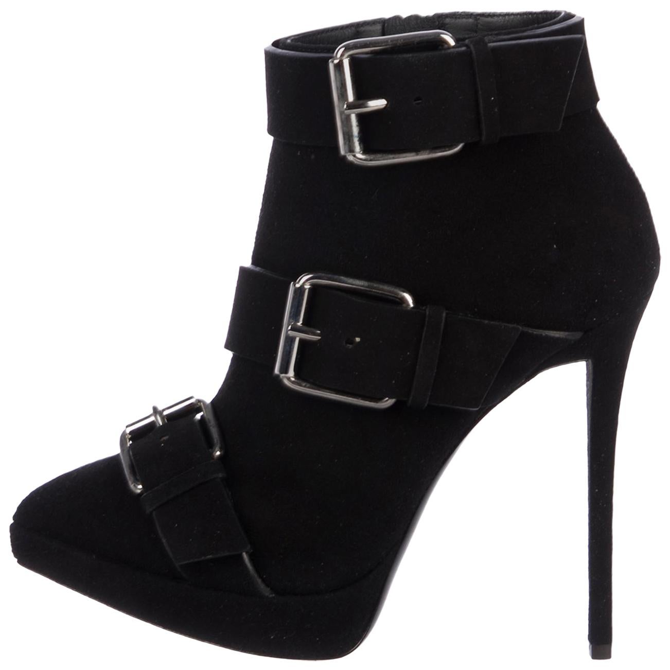 Giuseppe Zanotti NEW Black Suede Silver Biker Buckle Ankle Boots Booties in Box