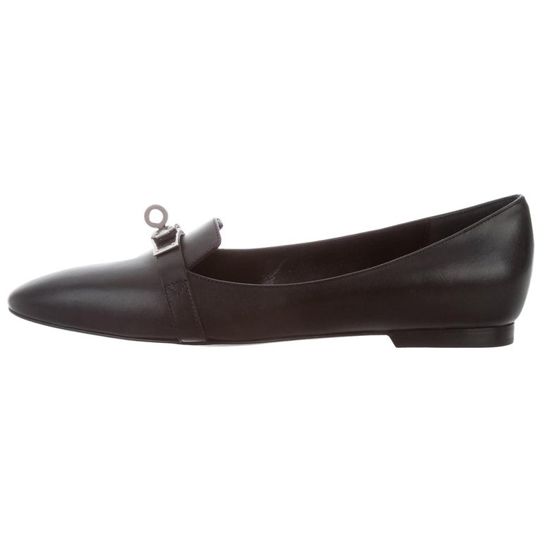 HERMES NEW Black Lather Palladium Kelly Turn Lock Flats Loafers Shoes ...