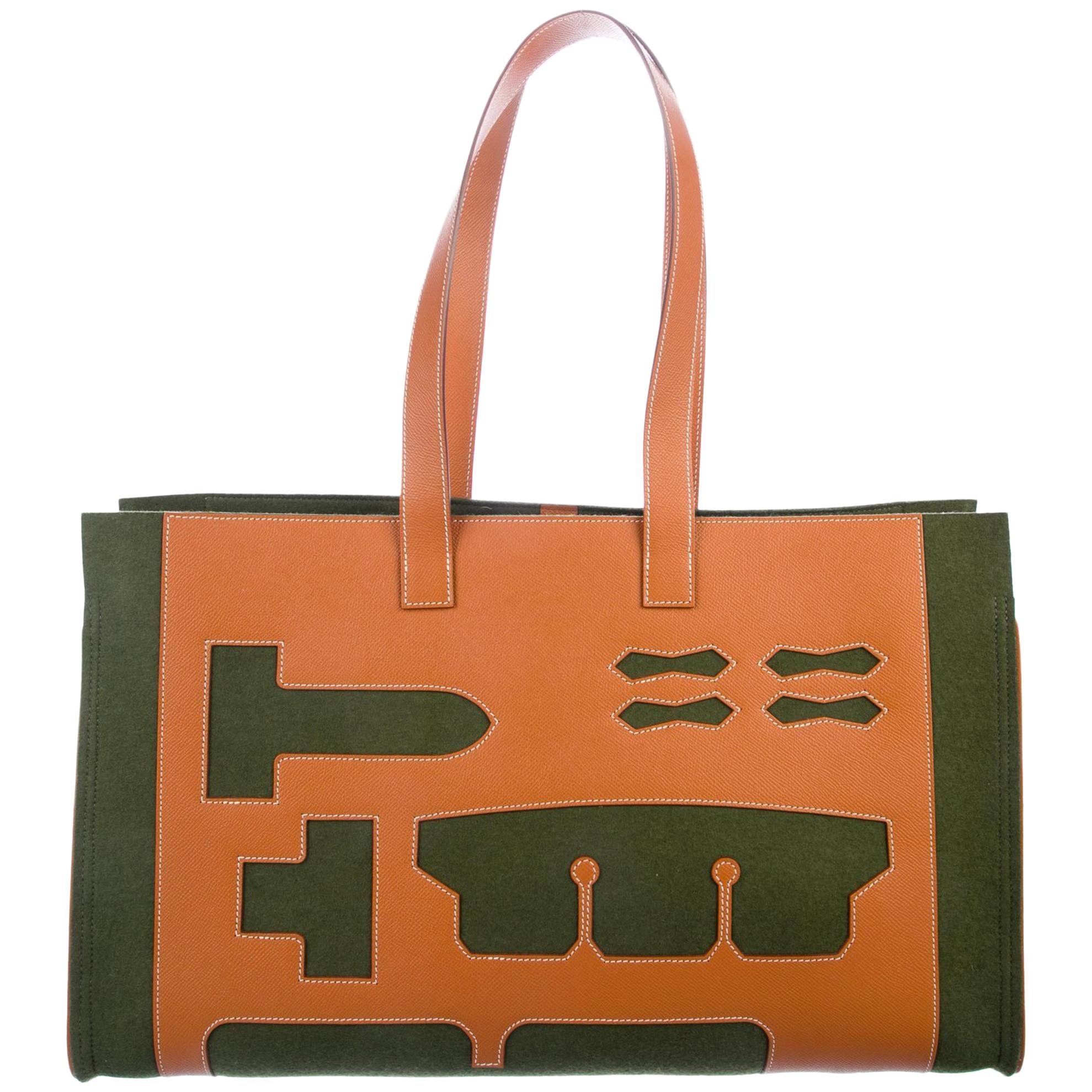 Hermes Green Cognac Tan Wool Top Handle Satchel Carryall Top Handle Tote Bag
