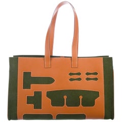 Hermes Green Cognac Tan Wool Top Handle Satchel Carryall Top Handle Tote Bag