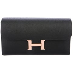Hermes Black Leather Rose Gold 'H' Charm Logo Flap Clutch Wallet in Box