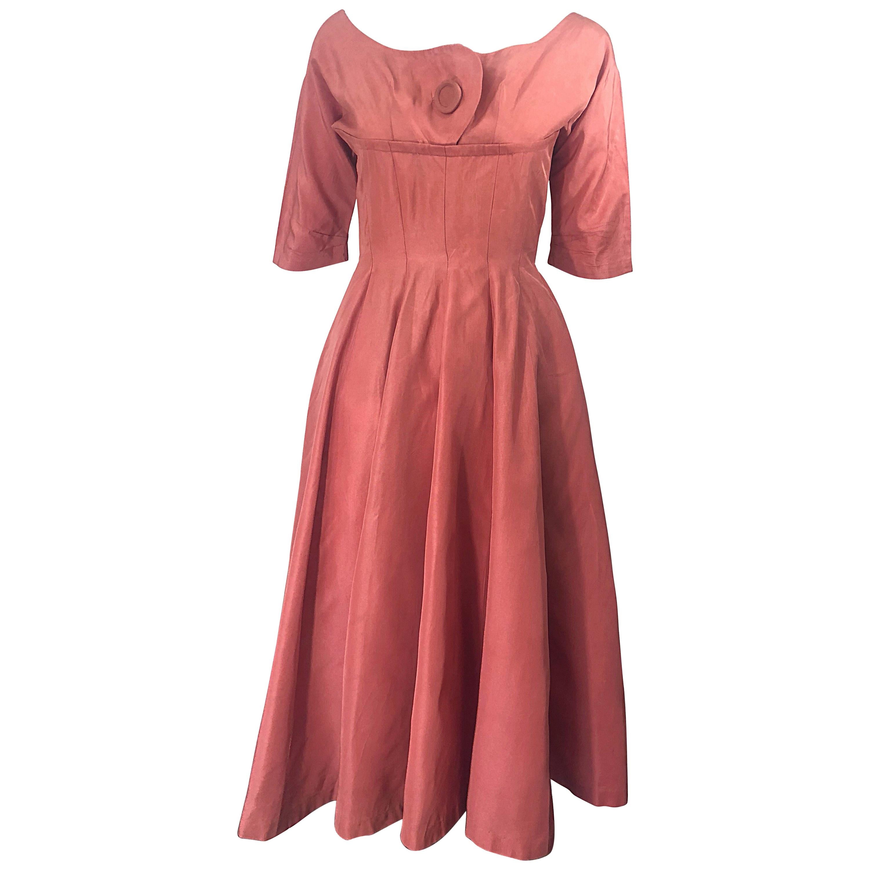 1950s Gigi Young Salmon Coral Pink Silk Taffeta Vintage 50s Fit n Flare Dress For Sale