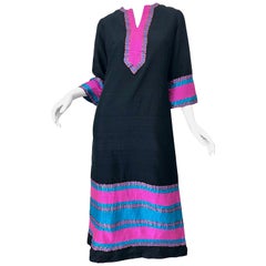 1960s Star of Siam Thai Silk Black Pink Blue Striped Vintage Caftan Maxi Dress 