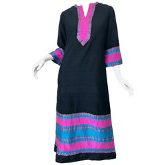 1960s Star of Siam Thai Silk Black Pink Blue Striped Vintage Caftan Maxi Dress