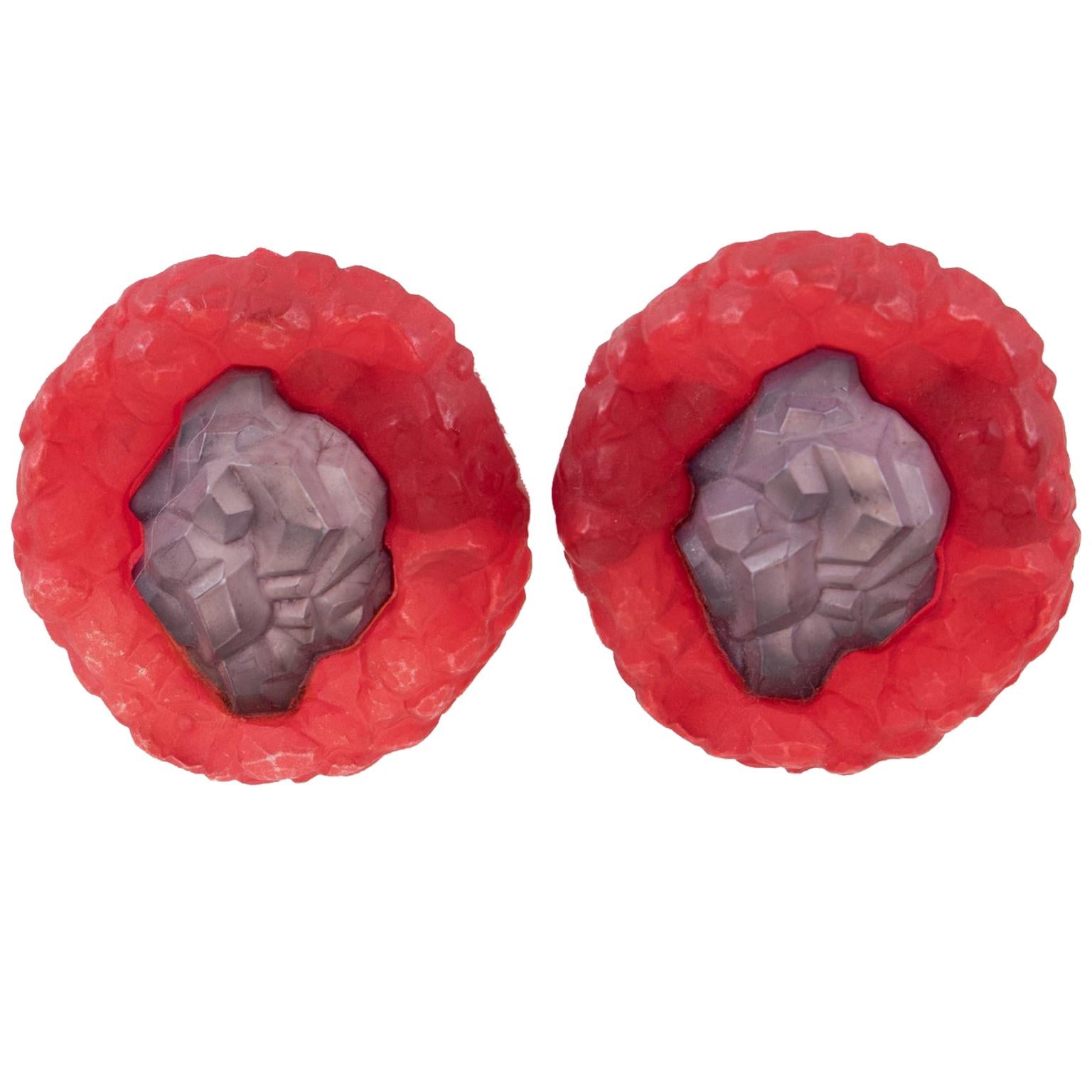 Oversized Italian Luminous Purple and Red Rock Lucite Clip on Earrings