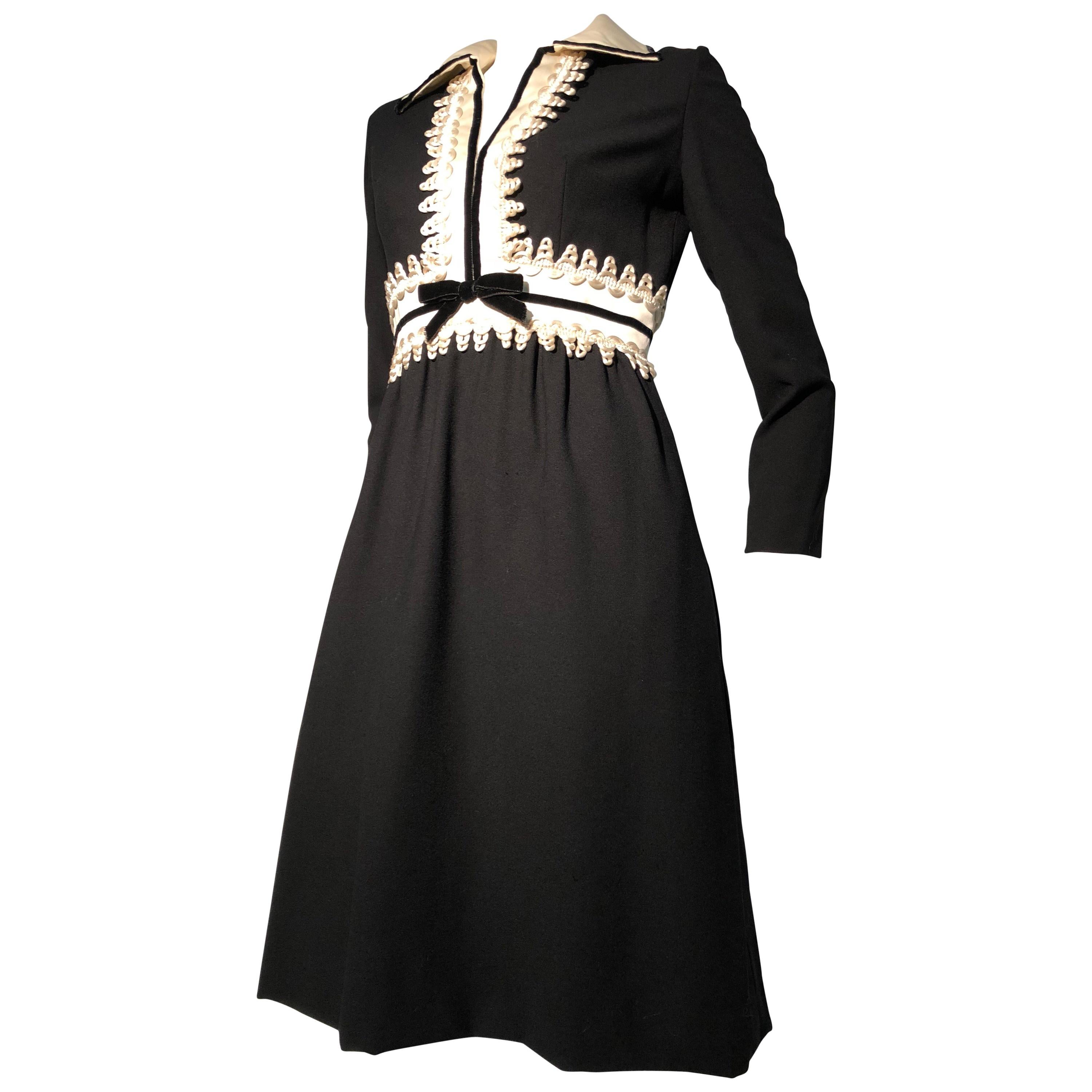 1960s Oscar de La Renta Black Crepe Mini Dress W/ White Inset Waist & Neckline