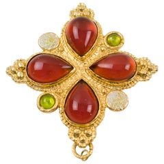 Vintage Edouard Rambaud Paris Gilt Metal Pin Brooch Oversized Cross Poured Glass Stone