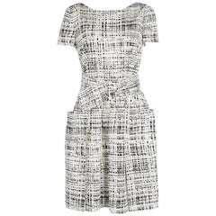 Prada Monochrome Printed Silk Short Sleeve Pocket Detail Belted Dress M