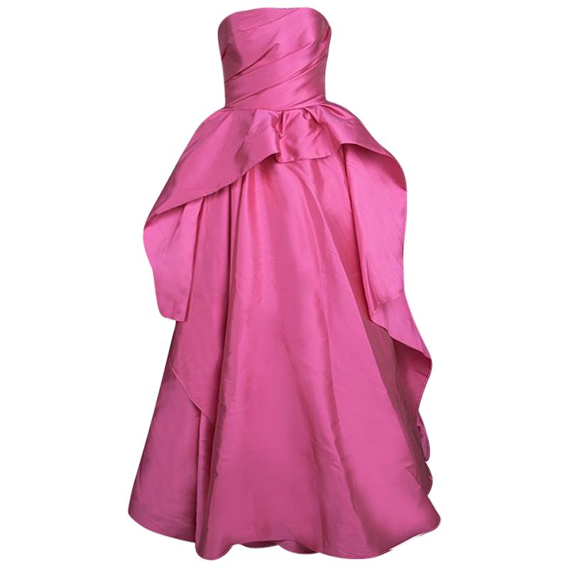 Reem Acra Pink Satin Draped Ruffle Layered Strapless Gown M