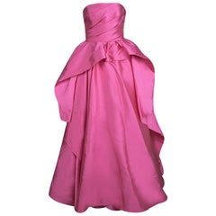 Reem Acra Pink Satin Draped Ruffle Layered Strapless Gown M
