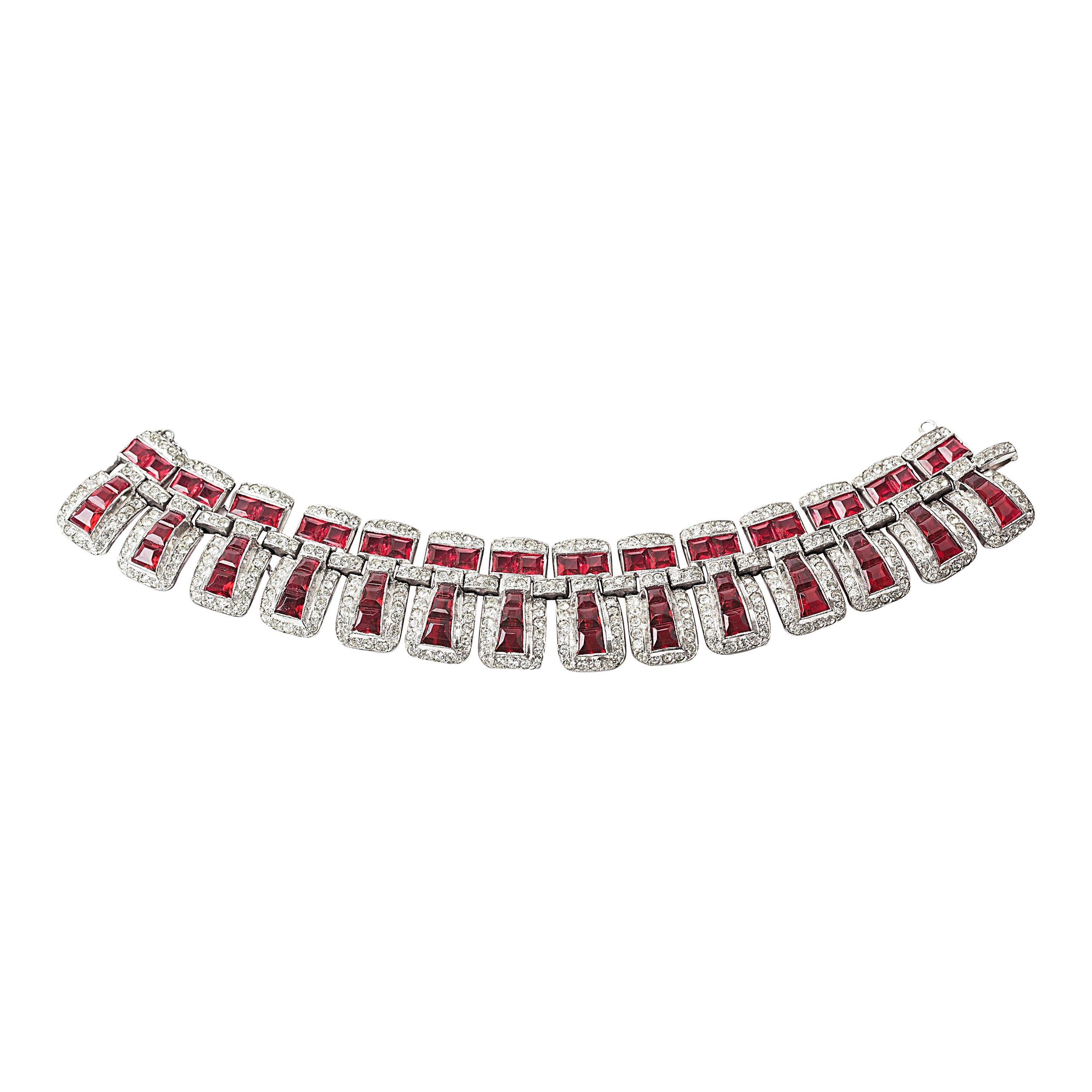 Amazing articulated Art Deco Faux Ruby Bracelet.  Faux rubies are calibre set within 